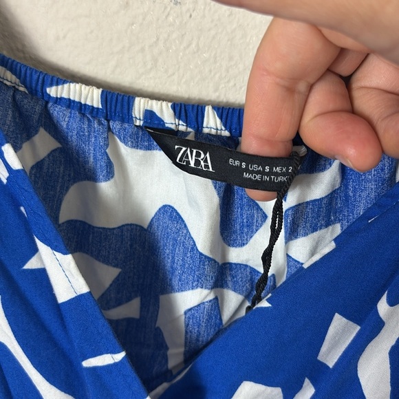 Zara Printed Poplin Dress Blue White Frill Puff Sleeve Maxi / Midi Dress size S - Picture 6 of 12